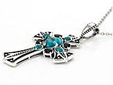 Blue Turquoise With Black Spinel Rhodium Over Sterling Silver Men's Cross Pendant With Chain .78ctw