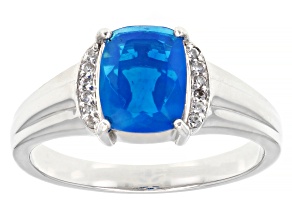 Paraiba Blue Opal With White Zircon Rhodium Over Sterling Silver Men's Ring .91ctw