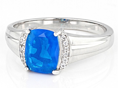 Paraiba Blue Opal With White Zircon Rhodium Over Sterling Silver Men's Ring .91ctw