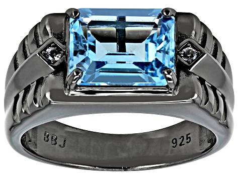 Sky Blue Topaz With White Zircon Accent, Black Rhodium Over Sterling Silver Men's Ring 3.54ctw