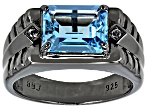 Sky Blue Topaz With White Zircon Accent, Black Rhodium Over Sterling Silver Men's Ring 3.54ctw