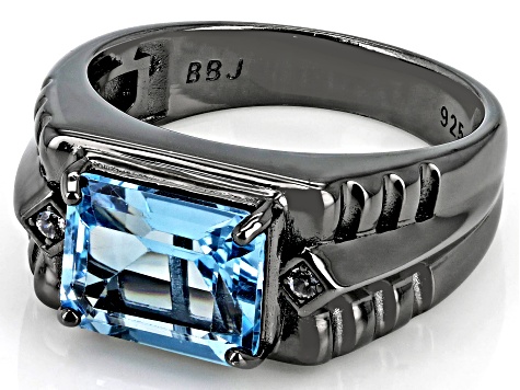 Sky Blue Topaz With White Zircon Accent, Black Rhodium Over Sterling Silver Men's Ring 3.54ctw