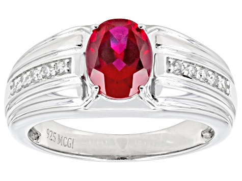 Red Lab Created Ruby With Zircon Rhodium Over Sterling Silver Men's Ring 2.46ctw