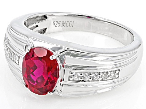 Red Lab Created Ruby With Zircon Rhodium Over Sterling Silver Men's Ring 2.46ctw