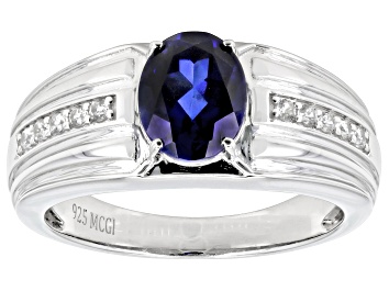 Picture of Blue Lab Created Sapphire with Zircon Rhodium Over Sterling Silver Men's Ring 2.28ctw