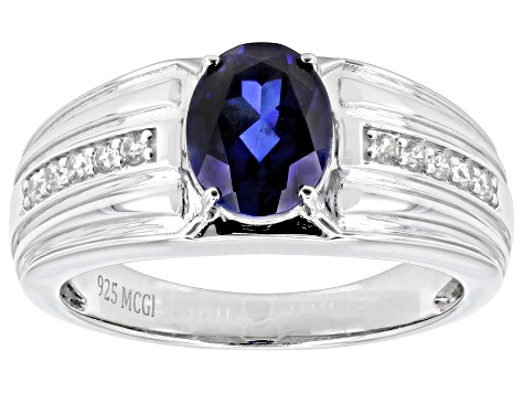 Blue Lab Created Sapphire with Zircon Rhodium Over Sterling Silver Men's Ring 2.28ctw