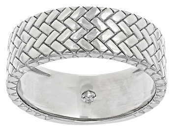 Picture of White Lab Created Sapphire Rhodium Over Sterling Silver Men's Woven Texture Band Ring 0.43ct