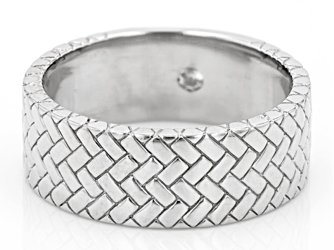 White Lab Created Sapphire Rhodium Over Sterling Silver Men's Woven Texture Band Ring 0.43ct