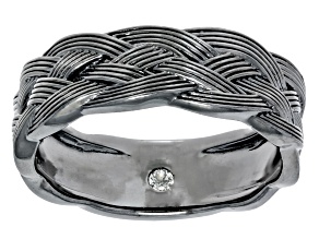 White Lab Created Sapphire, Black Rhodium Over Sterling Silver Men's Woven Textured Band Ring 0.13ct