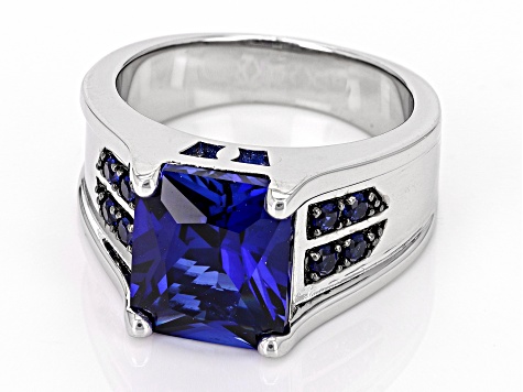 Blue Lab Created Sapphire Rhodium Over Sterling Silver Men's Ring 6.78ctw