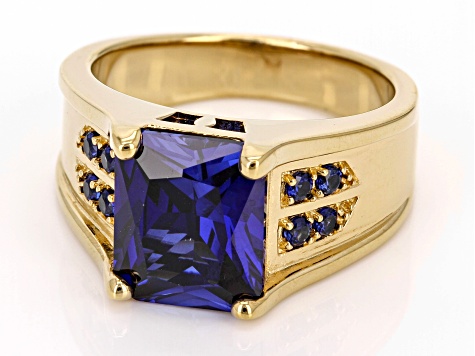Blue Lab Created Sapphire 18k Yellow Gold Over Sterling Silver Men's Ring 6.64ctw