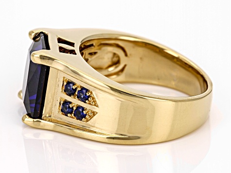 Blue Lab Created Sapphire 18k Yellow Gold Over Sterling Silver Men's Ring 6.64ctw