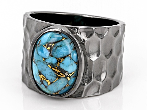 Mohave Blue Composite Turquoise, Hammered Black Rhodium Over Sterling Silver Men's Ring