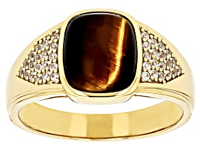 Brown Tigers Eye With White Zircon 18k Yellow Gold Over Sterling Silver Men's Ring 0.43ctw