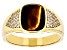 Brown Tigers Eye With White Zircon 18k Yellow Gold Over Sterling Silver Men's Ring 0.43ctw