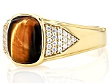 Brown Tigers Eye With White Zircon 18k Yellow Gold Over Sterling Silver Men's Ring 0.43ctw