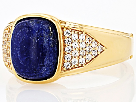 Blue Lapis Lazuli With White Zircon 18k Yellow Gold Over Sterling Silver Men's Ring 0.43ctw