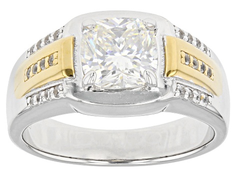 White Strontium Titanate Rhodium, 18k Yellow Gold Over Sterling Silver Two-Tone Men's Ring 3.47ctw