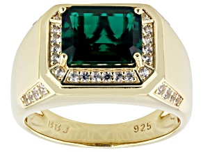 Green Lab Created Emerald 18k Yellow Gold Over Sterling Silver Men's Ring 3.37ctw