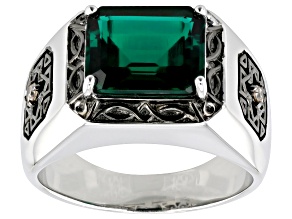 Green Lab Created Emerald Rhodium Over Sterling Silver Men's Ring 3.89ctw