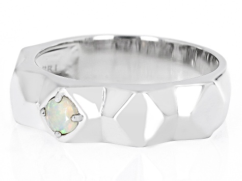 Multi-Color Ethiopian Opal Rhodium Over Sterling Silver Geometric Band Ring 0.15ctw