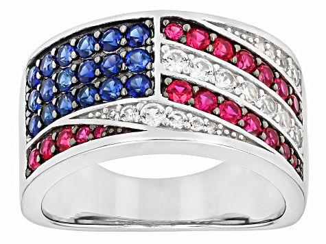 Blue & White Lab Created Sapphire Rhodium Over Sterling Silver Men's American Flag Ring 1.66ctw