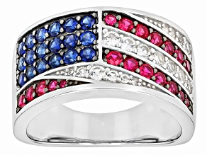 Blue & White Lab Created Sapphire Rhodium Over Sterling Silver Men's American Flag Ring 1.66ctw