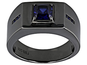 Blue Lab Created Sapphire, Black Rhodium Over Sterling Silver Men's Ring 1.41ctw