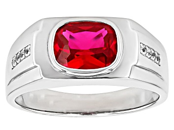 Picture of Red Lab Created Ruby Rhodium Over Sterling Silver Men's Ring 3.74ctw