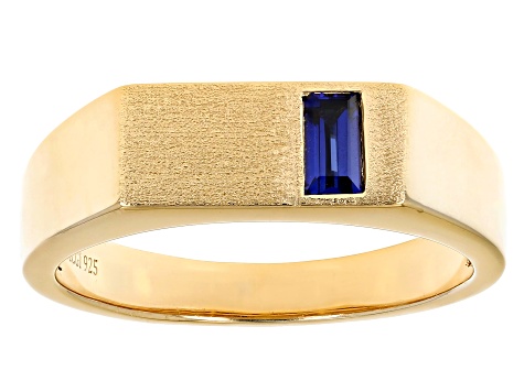 Blue Lab Created Sapphire 18k Yellow Gold Over Sterling Silver Men's Signet Ring 0.21ct