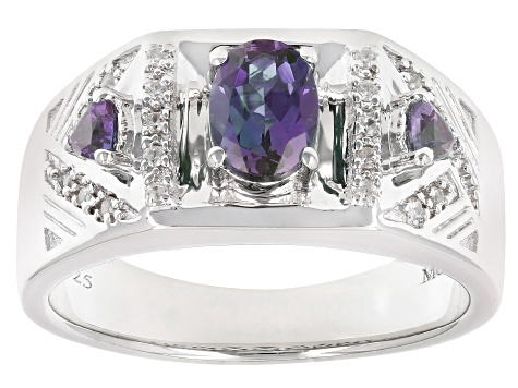 Blue Lab Created Alexandrite Rhodium Over Sterling Silver Men's Ring 1.20ctw