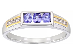 Blue Tanzanite Rhodium and 18k Yellow Gold Over Sterling Silver Two-Tone Men's Ring 0.57ctw