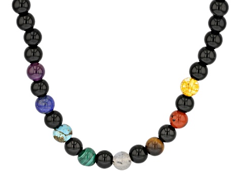 Multi-Gemstone With Black Onyx Rhodium Over Sterling Silver Men's Necklace