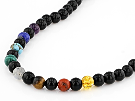 Multi-Gemstone With Black Onyx Rhodium Over Sterling Silver Men's Necklace