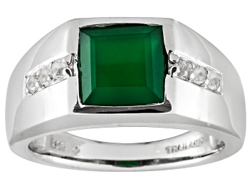 Picture of Green Onyx With .30ctw White Topaz Rhodium Over Sterling Silver Men's Ring