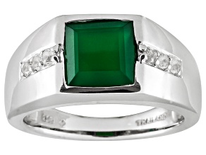 Green Onyx With .30ctw White Topaz Rhodium Over Sterling Silver Men's Ring