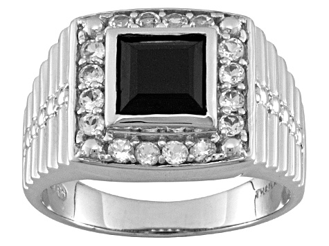 Black Spinel With White Topaz Rhodium Over Sterling Silver Men's Ring 2.89ctw