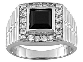 Black Spinel With White Topaz Rhodium Over Sterling Silver Men's Ring 2.89ctw