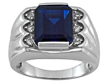 Picture of Blue Lab Created Sapphire With White Topaz Rhodium Over Sterling Silver Men's Ring 6.40ctw