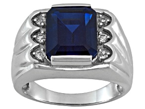 Blue Lab Created Sapphire With White Topaz Rhodium Over Sterling Silver Men's Ring 6.40ctw