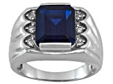 Blue Lab Created Sapphire With White Topaz Rhodium Over Sterling Silver Men's Ring 6.40ctw