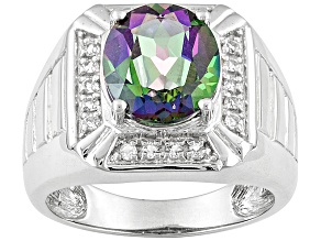 Mystic Fire® Green Topaz Rhodium Over Sterling Silver Men's Ring 5.25ctw