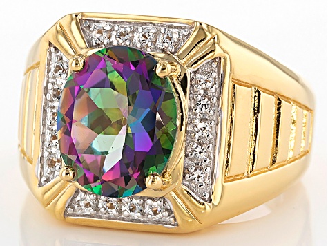 Multicolor Mystic® topaz 18k yellow gold over silver gent's ring 5.25ctw