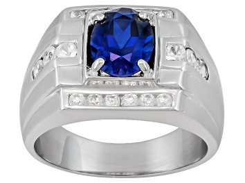Picture of Blue Lab Created Sapphire With .84ctw White Zircon Rhodium Over Sterling Silver Men's Ring