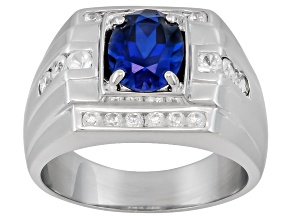 Blue Lab Created Sapphire With .84ctw White Zircon Rhodium Over Sterling Silver Men's Ring