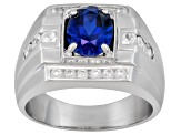 Blue Lab Created Sapphire With .84ctw White Zircon Rhodium Over Sterling Silver Men's Ring