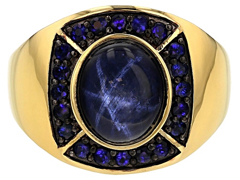 Blue Star Sapphire 18k Yellow Gold Over Silver Gent's Ring 6.90ctw