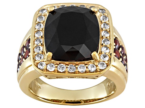 Black Spinel, Vermelho Garnet™ And White Topaz 18k Yellow Gold Over Silver Mens Ring 12.77ctw