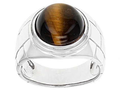 Brown Tigers Eye Rhodium Over Sterling Silver Mens Ring