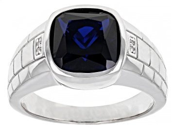Picture of Blue Lab Created Spinel Rhodium Over Sterling Silver Men's Ring 4.69ctw